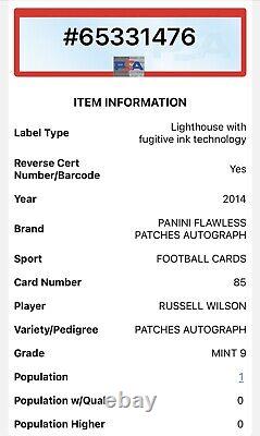 2014 Flawless Russell Wilson Game Used Patch Auto #/25 PSA 9 POP 1