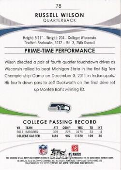Russell Wilson SEAHAWKS 2012 Topps Prime Autograph Auto Rookie Card rC 151/286